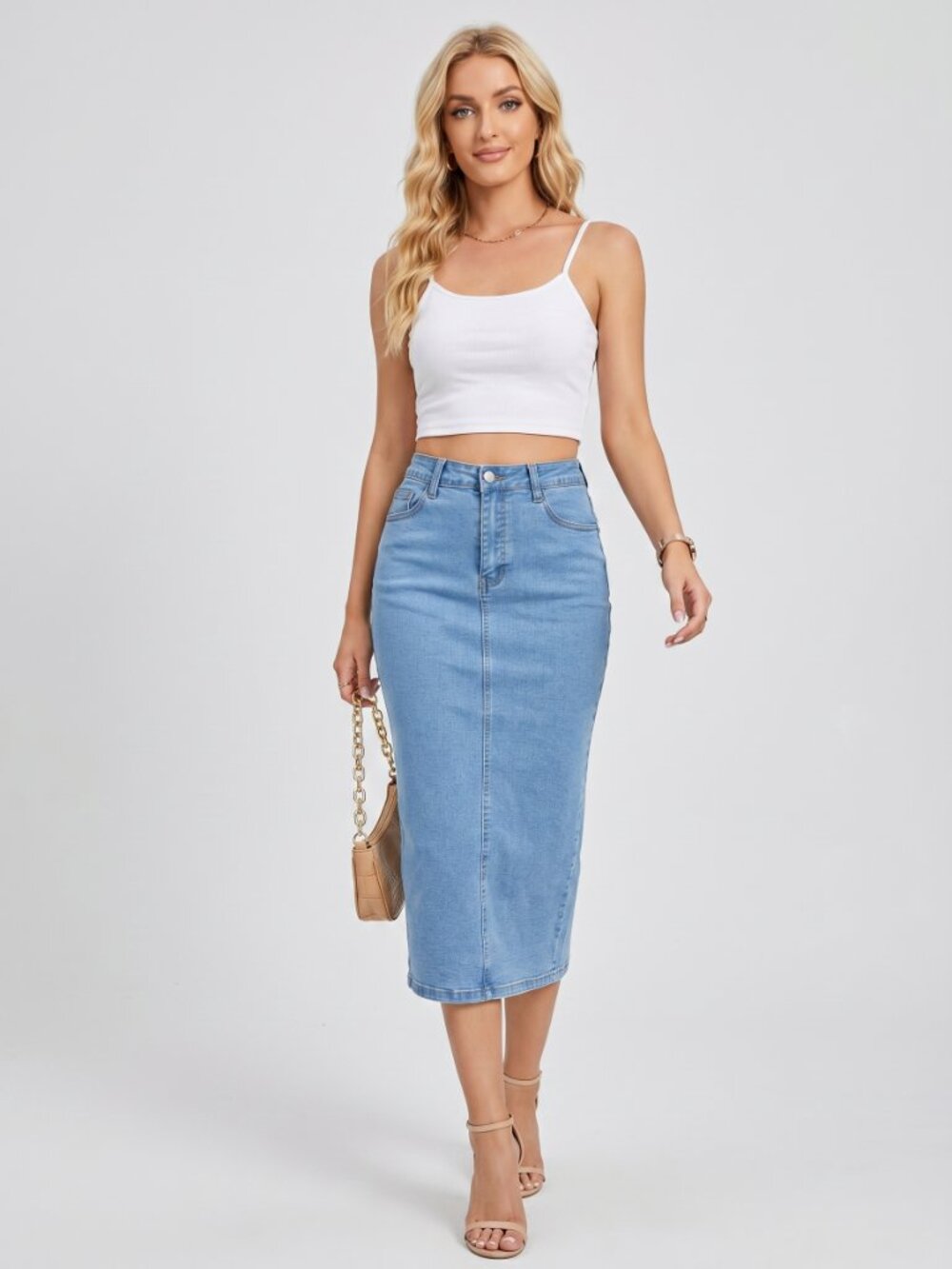 Women High Waist Stretch Denim Midi Skirt Back Slit Bodycon Jean Skirt